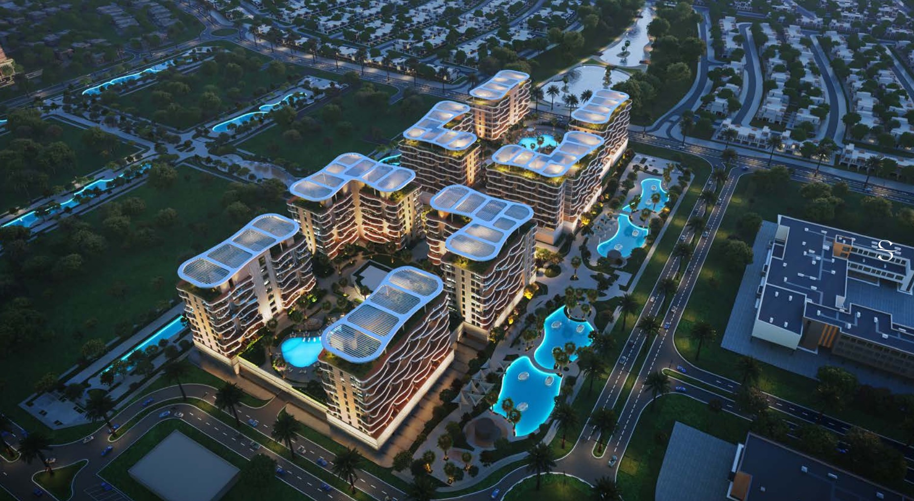 Aerial of Sorrento towers among Damac Lagoons villas and greenery