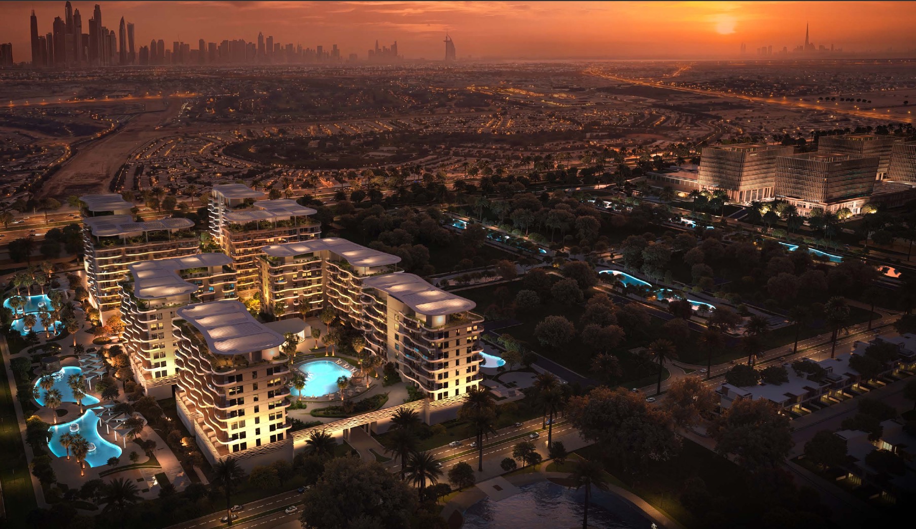 Sorrento towers lit at dusk with lagoon pools below