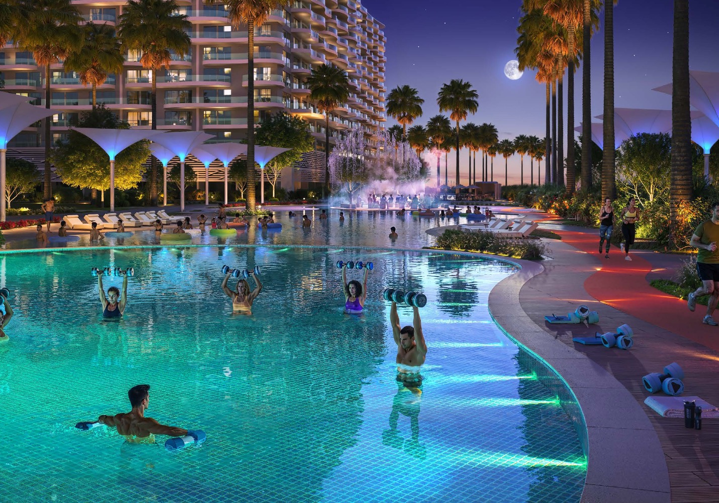 Residents exercising in a lit pool beneath palm trees at night