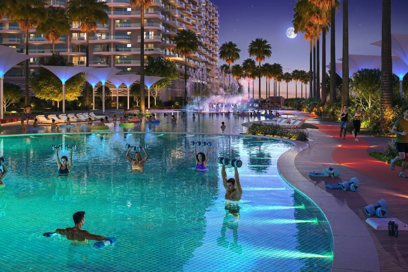 Residents exercising in a lit pool beneath palm trees at night