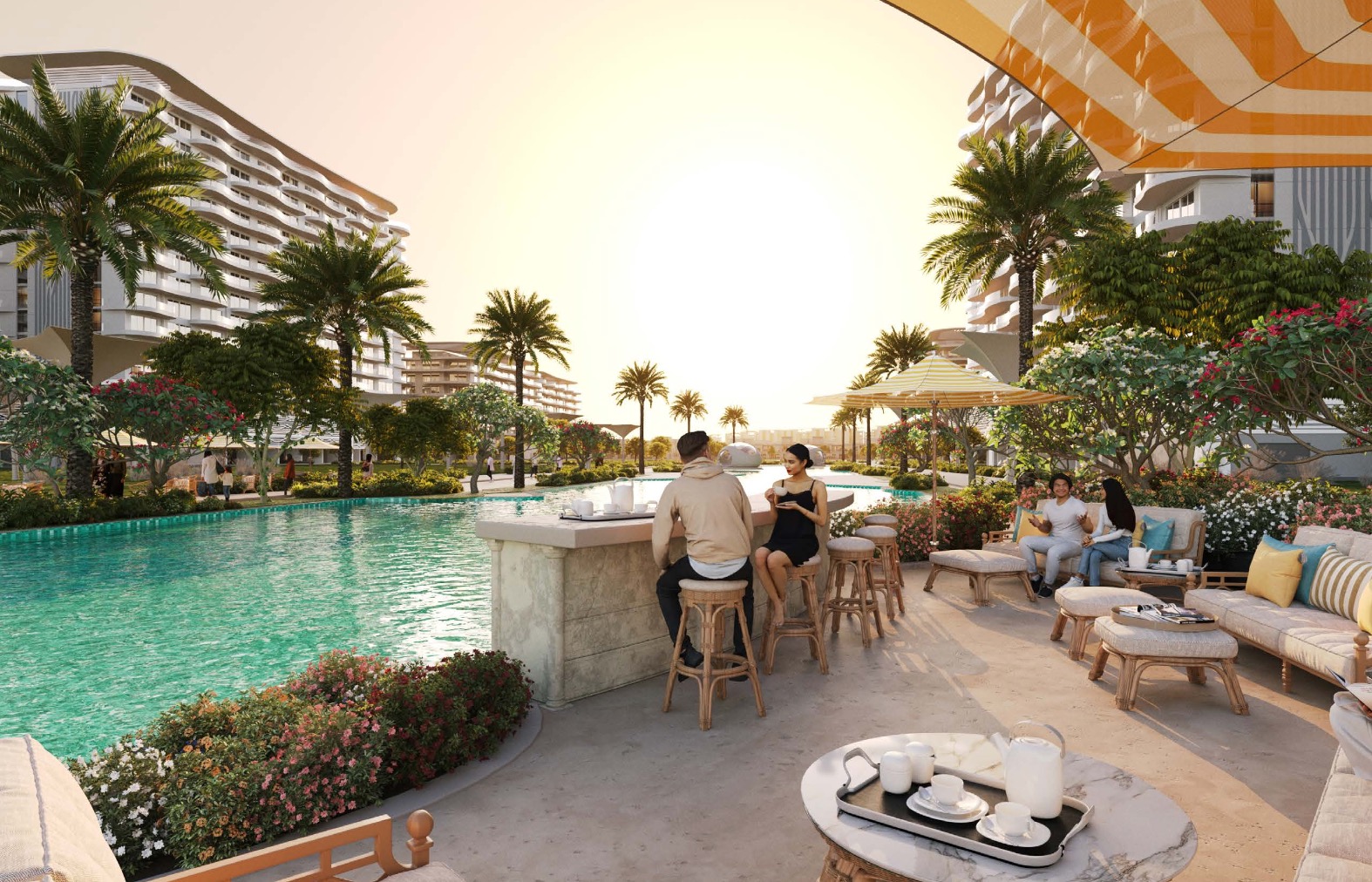 Poolside bar and lounge seating in warm evening light