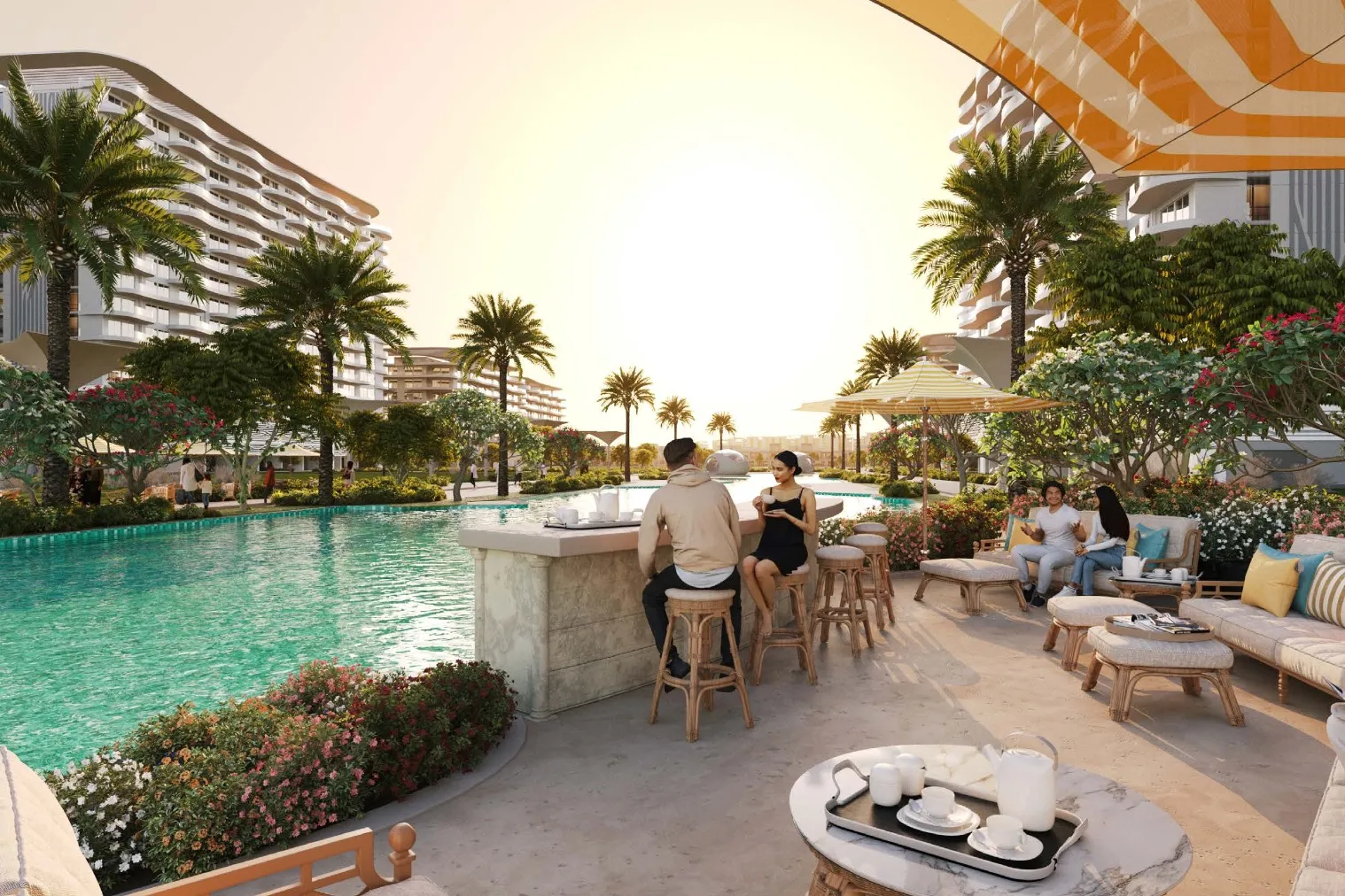 Poolside bar and lounge seating in warm evening light
