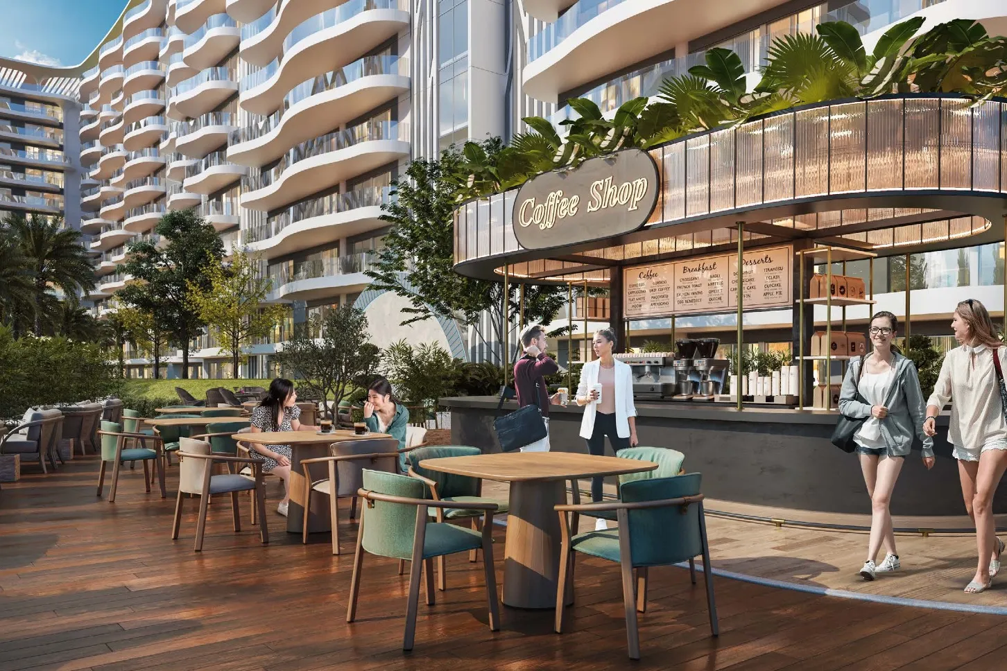 Outdoor café with wooden tables beneath curved residential balconies