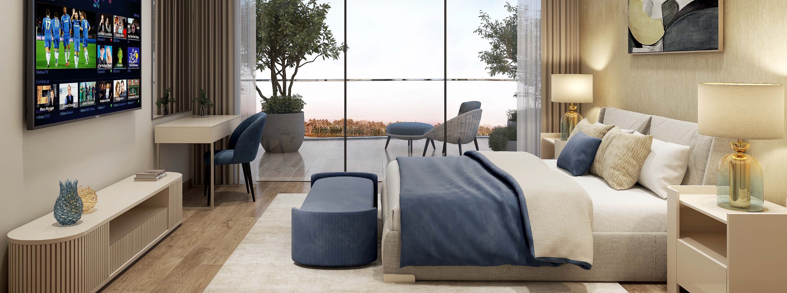 Bedroom with soft neutral tones opening onto a planted balcony