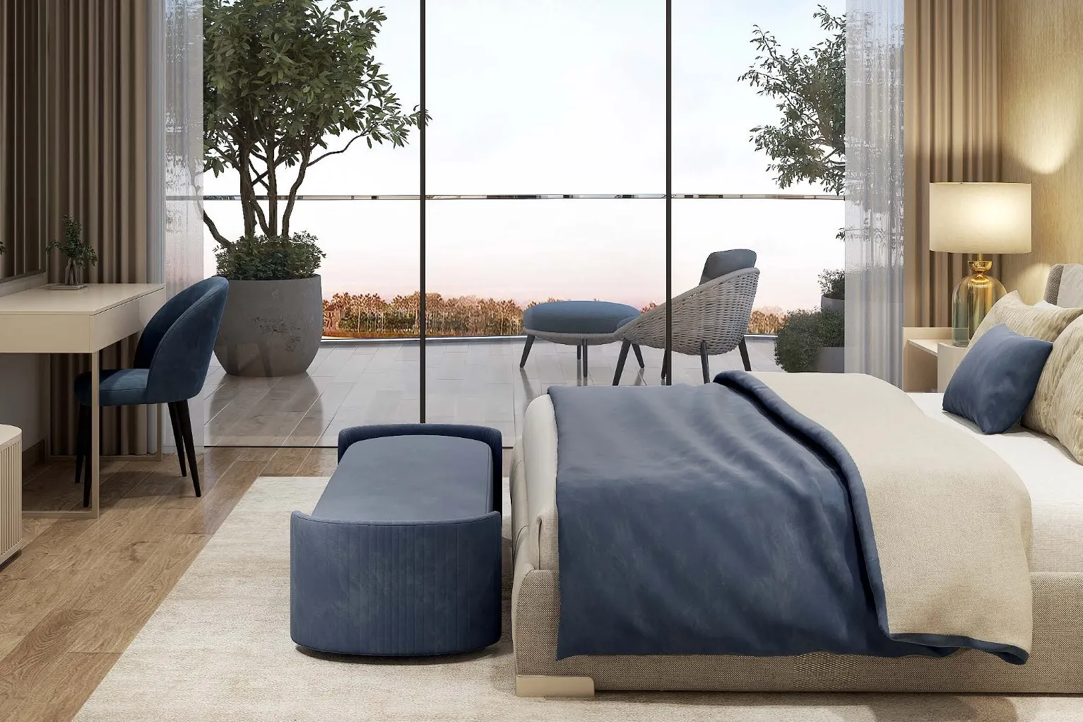 Bedroom with soft neutral tones opening onto a planted balcony