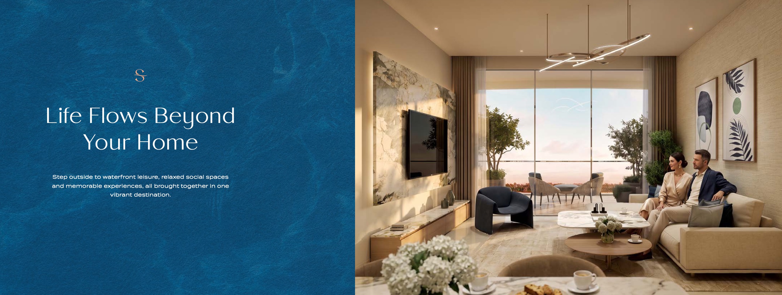 Bright living room with marble wall and floor-to-ceiling glass