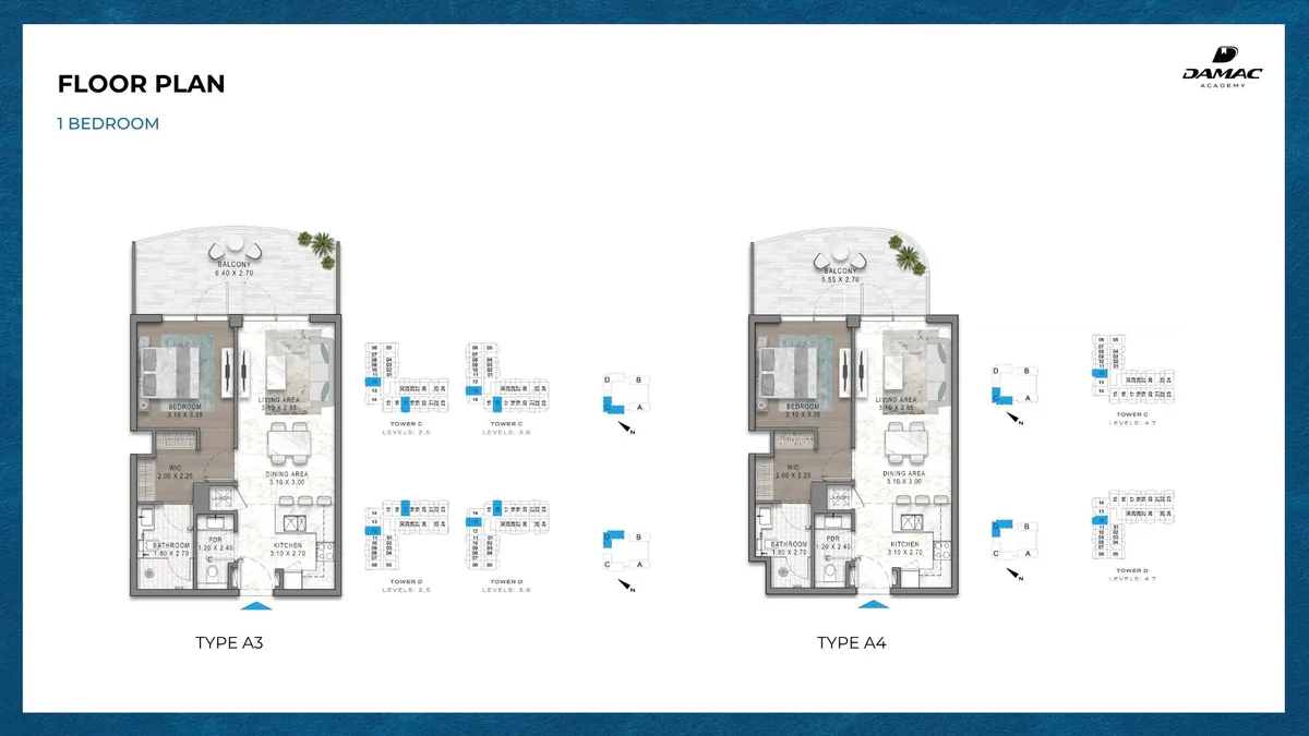Floor plans: 1 bedroom, with walk-in wardrobe and guest WC